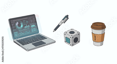 Work Essentials Laptop, Pen, Device and Coffee Isolated on White Background