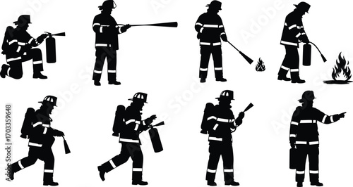 Firefighter silhouette, emergency worker with extinguisher, fire safety professional icon, fireman illustration in uniform, firefighting figure extinguishing flames, safety concept.