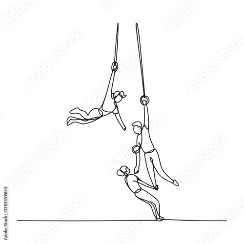 Single one line Art drawing two acrobatic players in action on a trapeze with a male player hanging from his two legs while catching a female player. with white background