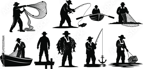 Fisherman with fishing net, traditional fishing methods, boat fishing, coastal lifestyle, catching fish, outdoor job, water occupation, sea man work.