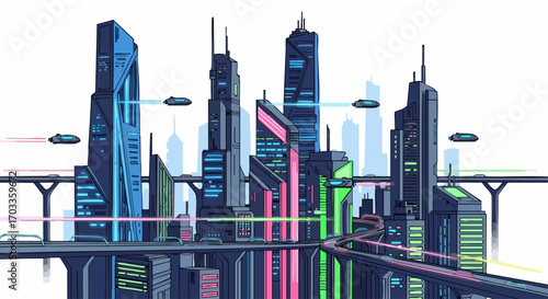 Vibrant Futuristic Cityscape with Modern Skyscrapers and Advanced Transportation.