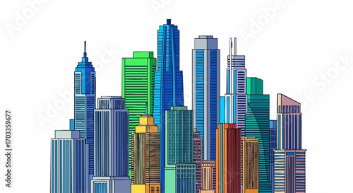 Stylized illustration of a dense urban cityscape with colorful skyscrapers.