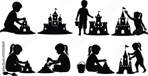 Kids playing with sand, building sandcastles, summer beach fun, childhood activity, creative play, outdoor children fun, beach toys, sand games.