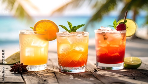 Wallpaper Mural Tropical cocktails, garnished with fruit and herbs, sit on a wooden table near the ocean. Background includes a beach & palm trees Torontodigital.ca