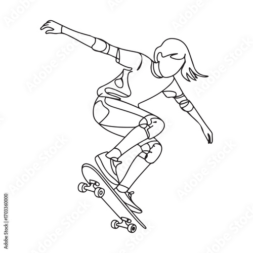 Single continuous line Art drawing young cool skateboarder woman riding skateboard and doing jump trick in skate park. with white background