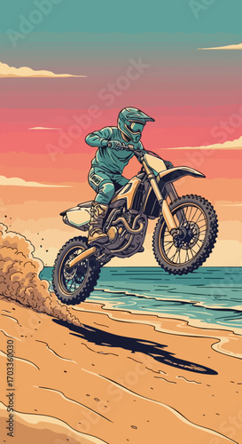 Motocross rider jumping over a sand dune on a beach at sunset.