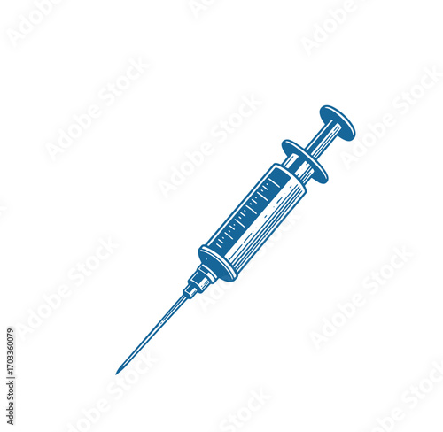 Detailed vector illustration of a medical syringe with graphic blue outline and white background