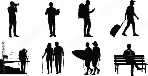 Traveler silhouettes exploring, hiking, surfing, taking photos, reading on bench, walking with luggage, using maps, adventure travel lifestyle, outdoor journey.