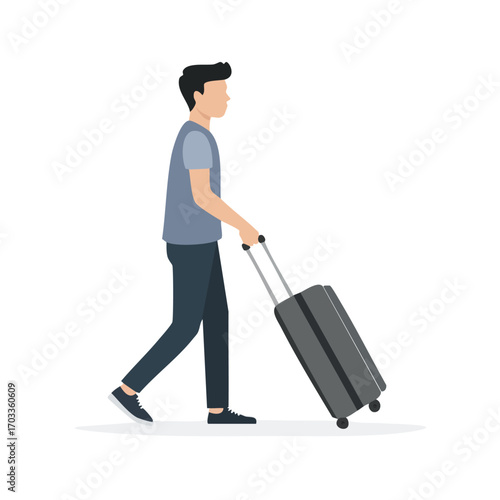 A young man strides confidently, pulling a wheeled suitcase, embarking on a journey.