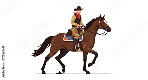 Cowboy Riding a Brown Horse with Lasso and Red Bandana.