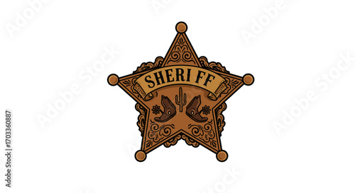 Ornate Sheriff Star Badge with Boots and Cactus Design.