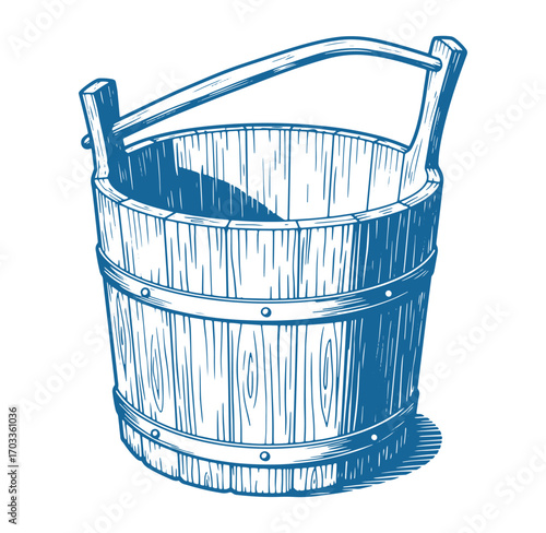 Detailed vintage wooden bucket illustration with handle and wood grain texture in blue color