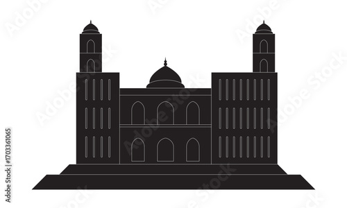 A mosque silhouette for Muslims, featuring a dome and two minarets, with the crescent moon and star symbol for Islamic celebrations, particularly Eid al-Fitr and Eid al-Adha. 