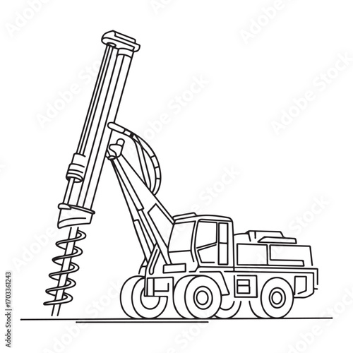 One single line Art drawing of truck driller for soil earth drilling vector illustration, commercial vehicle. Heavy digger machine construction concept. with white background
