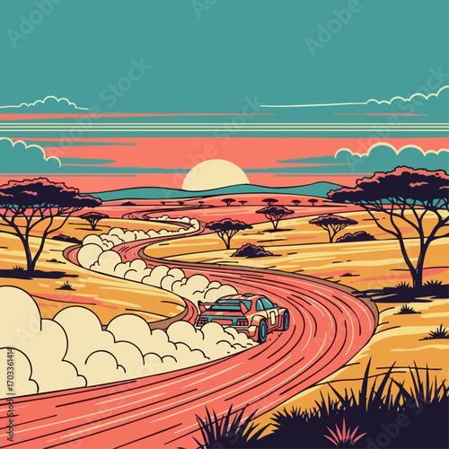 Off road vehicle speeding down a winding dirt path.