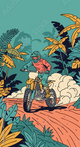 Motocross rider in a tropical setting.