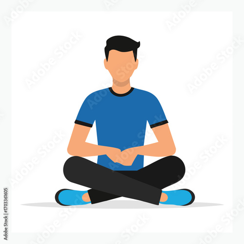 A flat illustration of a person sitting cross-legged, hands clasped, in a meditative pose.
