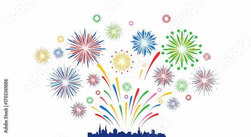 Colorful Fireworks Display Above City Skyline Celebration.