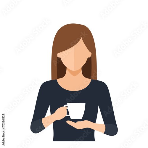 A faceless woman holding a white coffee cup, depicted in a minimalist style.