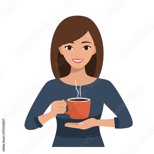 Woman holding a steaming cup of coffee, smiling gently against a white background.