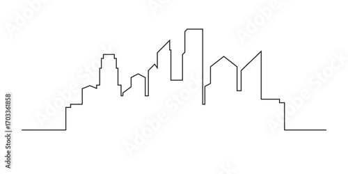 Modern city skyline in one continuous isolated on a white background. Outline city silhouette. Smart city buildings abstract background. Vector illustration.