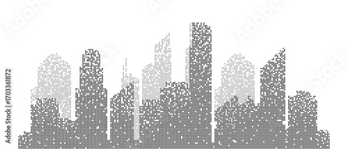 Pixel and 8 bit modern city skyline isolated on a white background. Smart city buildings abstract background. Vector illustration.