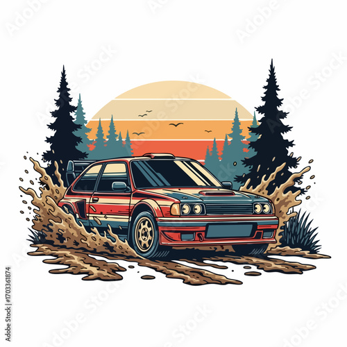 Classic Rally Car Kicking Up Dirt on a Muddy Track.