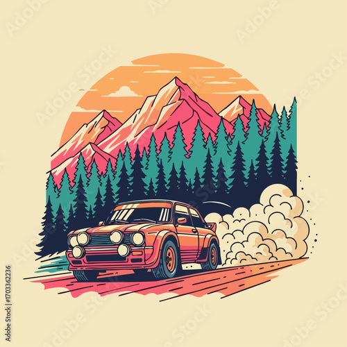 Vintage rally car drifting on a dusty road with smoke.