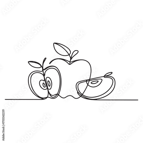One continuous line Art drawing sliced and whole healthy apples organic for orchard logo. Fresh tropical fruitage concept for fruit garden icon. with white background