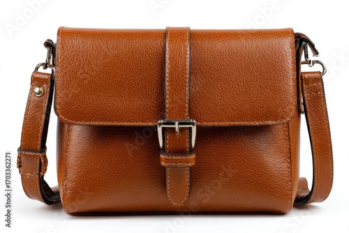 Brown leather crossbody bag with silver buckle on a white background