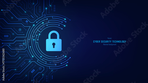 Concept of cybersecurity and data protection. Padlock on a futuristic circuit background. Data privacy and internet security. Modern secure technology innovation background. Vector illustration.