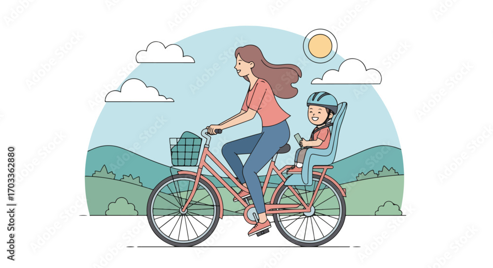 Fototapeta premium Adobe illustrator artwork vector illustration of a happy mother and child enjoying a leisurely bike ride outdoors. The mom cycles with her son securely seated in a child seat, emphasizing family fun 