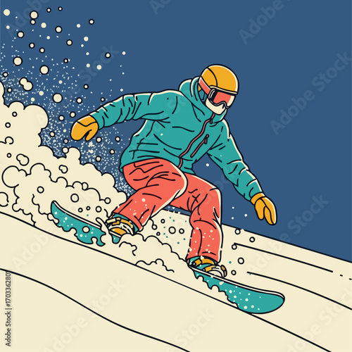Snowboarder carving down a snowy slope.