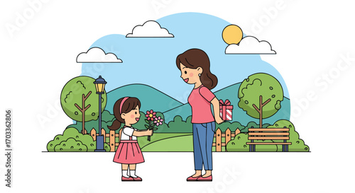 Adobe illustrator artwork vector illustration of a heartwarming moment between a mother and daughter in a park. The little girl offers a bouquet of flowers as a gift for her mom's birthday 