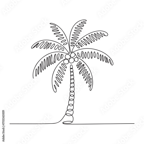 Single continuous line Art drawing coco nucifera. Decorative coconut palm tree concept for wall decor poster print art and travel vacation. with white background