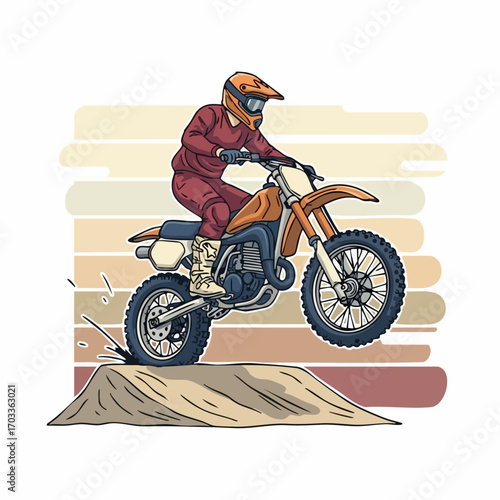 Motocross rider performing a jump on a dirt bike.