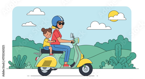 Adobe illustrator artwork vector illustration of a mother and daughter happily riding a scooter through a scenic landscape. Both wear helmets for safety, enjoying an outdoor adventure