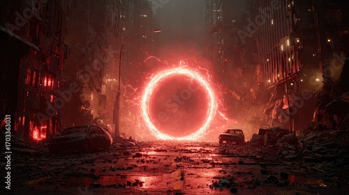 A post-apocalyptic cityscape featuring a glowing red portal amidst ruined buildings and abandoned cars