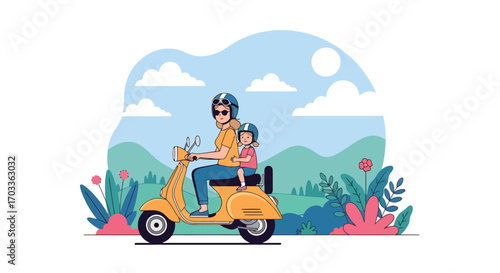 Adobe illustrator artwork vector illustration of a mother and daughter happily riding a scooter through a scenic landscape. Both wear helmets for safety, enjoying an outdoor adventure