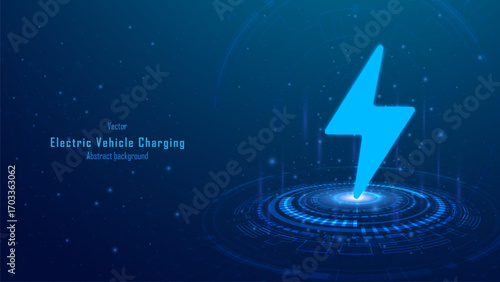 Concept of electric vehicle charging. Lightning symbol on futuristic blue background.  Eco power, EV charger, alternative energy, rechargeable battery. Vector.