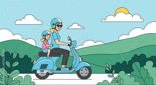 Adobe illustrator artwork vector illustration of a mother and daughter happily riding a scooter through a scenic landscape. Both wear helmets for safety, enjoying an outdoor adventure