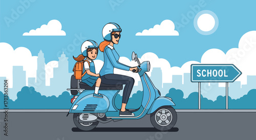 Adobe illustrator artwork vector illustration of a mother taking her daughter to school on a scooter. Both wear helmets, emphasizing safety and daily commute, with a cityscape background and "SCHOOL" 