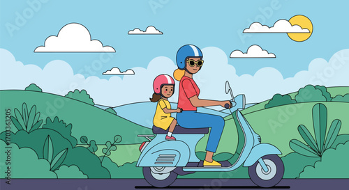 Adobe illustrator artwork vector illustration of a mother and daughter happily riding a scooter through a scenic landscape. Both wear helmets for safety, enjoying an outdoor adventure
