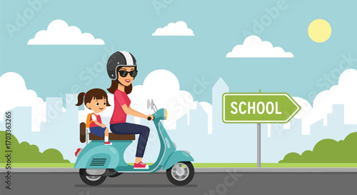 Adobe illustrator artwork vector illustration of a mother taking her daughter to school on a scooter. Both wear helmets, emphasizing safety and daily commute, with a cityscape background and "SCHOOL" 