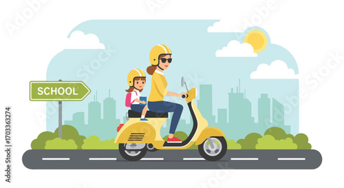 Adobe illustrator artwork vector illustration of a mother taking her daughter to school on a scooter. Both wear helmets, emphasizing safety and daily commute, with a cityscape background and "SCHOOL" 