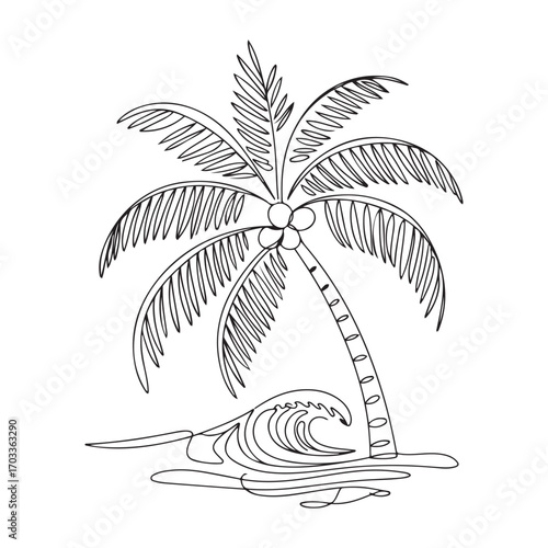 Single continuous line Art drawing coco nucifera. Decorative coconut palm tree concept for wall decor poster print art and travel vacation. with white background
