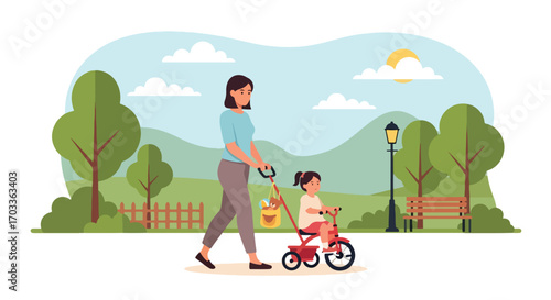 Adobe illustrator artwork vector illustration of a mother and daughter enjoying a sunny day in the park. The mom helps her little girl ride a tricycle, highlighting a nurturing family bond and outdoor