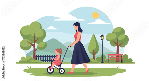 Adobe illustrator artwork vector illustration of a mother and daughter enjoying a sunny day in the park. The mom helps her little girl ride a tricycle, highlighting a nurturing family bond and outdoor