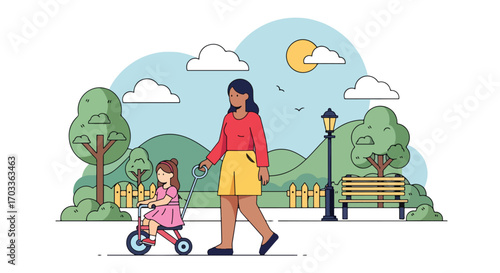 Adobe illustrator artwork vector illustration of a mother and daughter enjoying a sunny day in the park. The mom helps her little girl ride a tricycle, highlighting a nurturing family bond and outdoor