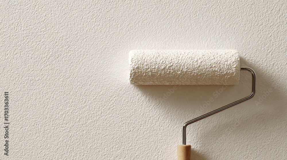 Obraz premium Paint roller applying white paint to a textured wall.